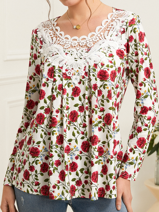 Floral Lace Crew Neck Spring Casual Blouse