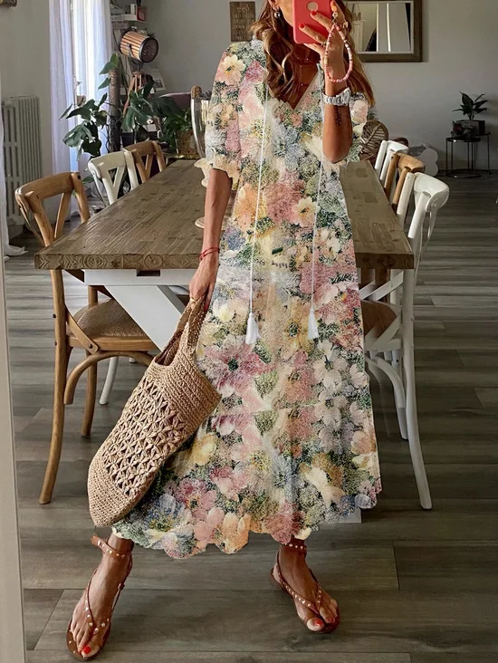 Women's Long Sleeve Spring/Fall Floral Dress V Neck Daily Going Out Casual Maxi H-Line