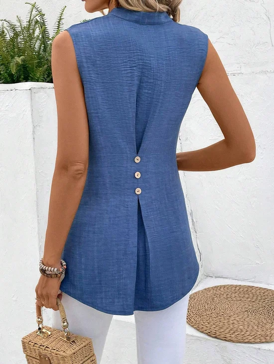 V Neck Buttoned Simple Tunic Tank Top Blouse 