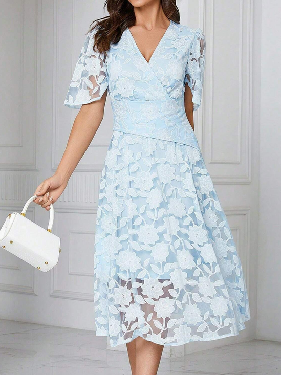 Cotton-Blend V Neck Elegant Floral Dress
