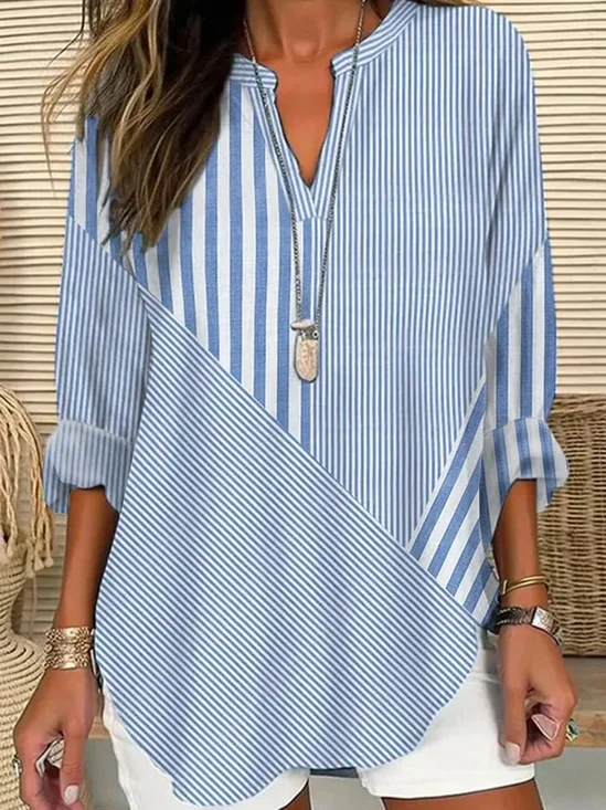 Women's Long Sleeve Blouse Spring/Fall Striped Notched Neck Daily Going Out Casual Tunic Top Blue
