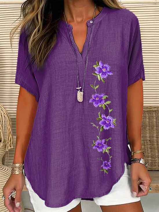 Notched Casual Embroidery Blouse