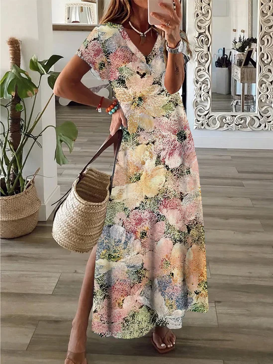 Women Floral Short Sleeve Summer Dress V Neck Daily Casual Maxi H-Line Dress