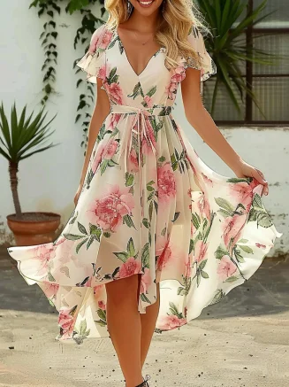 Floral Vacation Regular Fit Chiffon Dress With Belt