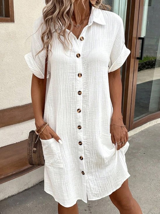 Women's Short Sleeve Summer Plain Shirt Collar Daily Going Out Casual Short A-Line Shirt Dress Dress White