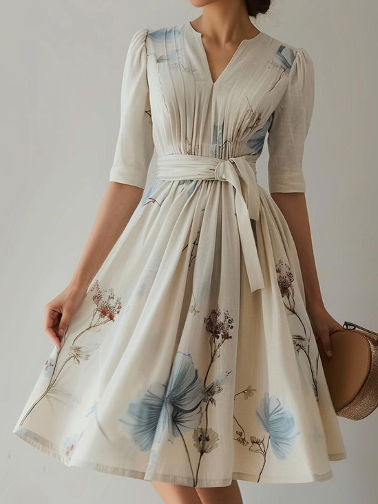 Elegant V Neck Floral Dress With Belt