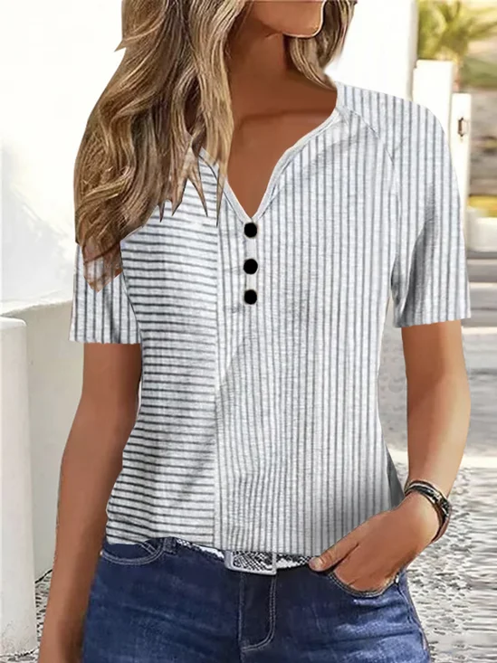 Women's Short Sleeve Blouse Summer Striped V Neck Daily Going Out Casual Top White