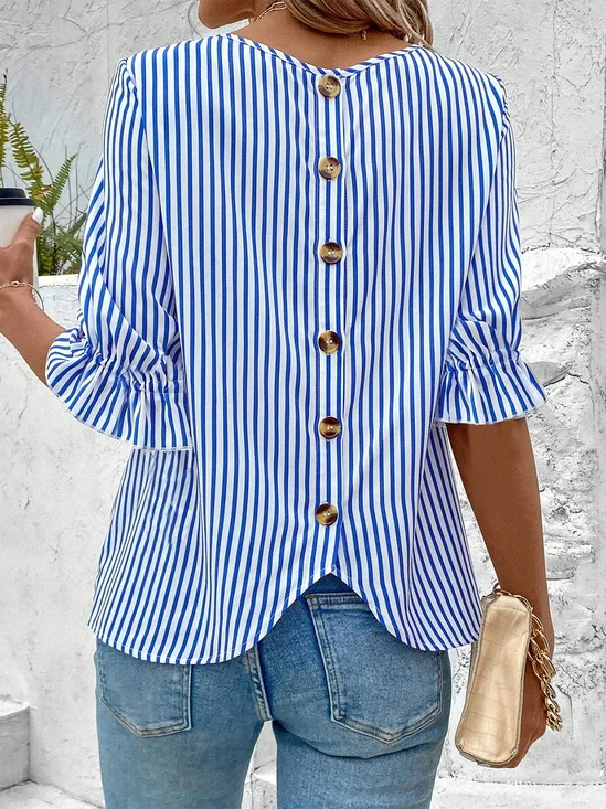 Striped Crew Neck Simple Loose Shirt