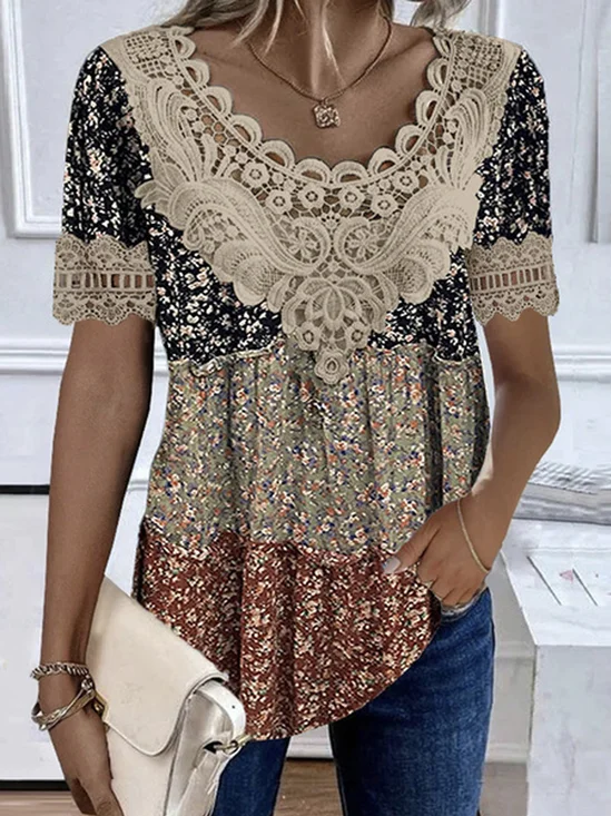 Women's Short Sleeve Blouse Summer Disty Floral Lace V Neck Daily Going Out Casual Top Black