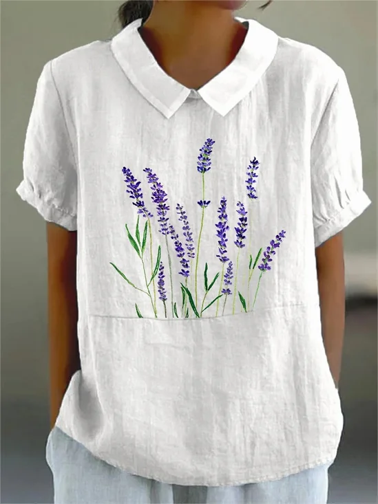 Cotton Shawl Collar Casual Floral Shirt