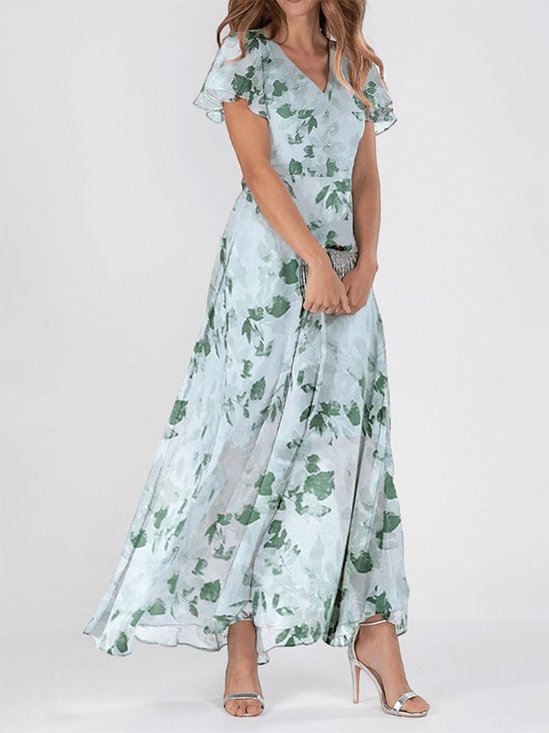 Women's Short Sleeve Summer Floral Chiffon V Neck Ruffled Sleeves Daily Going Out Elegant Maxi A-Line Dress Aqua