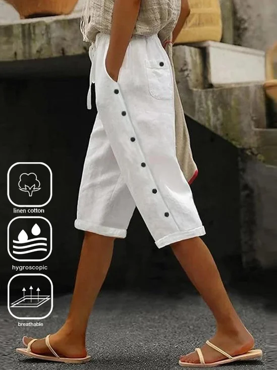 Women's Elastic Waist H-Line Straight Pants Daily Going Out Pants Casual Buckle Cotton Plain Summer Pants