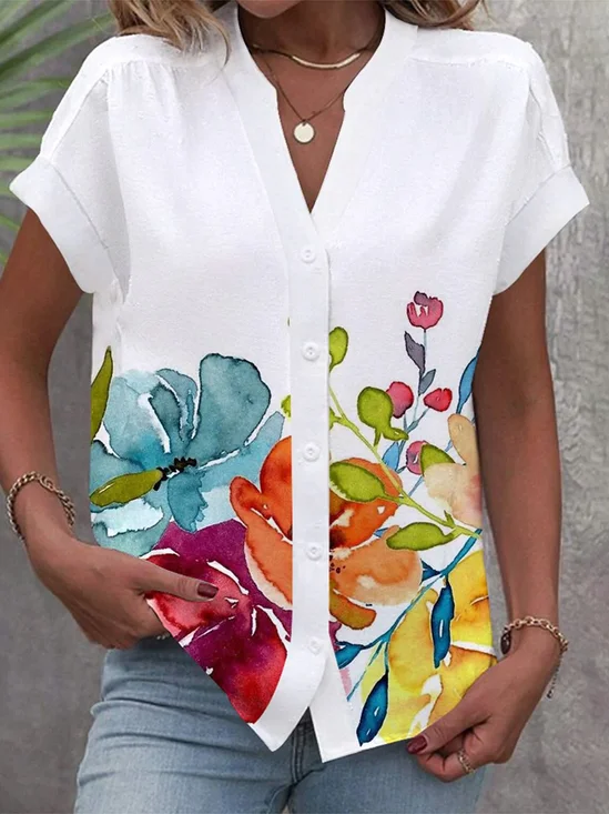 Women's Short Sleeve Shirt Summer Floral V Neck Daily Going Out Casual Top White