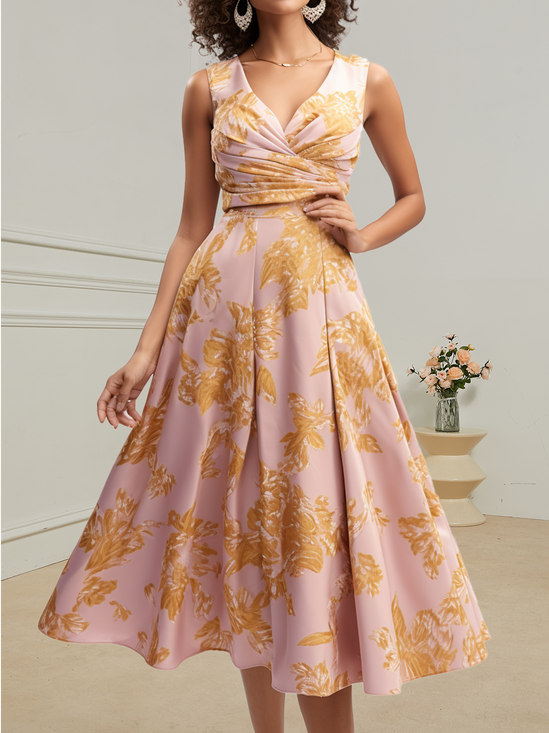 Floral Elegant A Line V Neck Sleeveless Midi Dress
