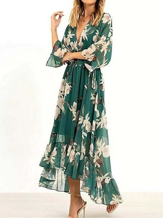 Floral Regular Fit Elegant Dress With Belt