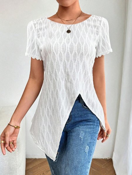 Women's Short Sleeve Shirt Summer White Plain Lace Edge Crew Neck Daily Casual Top