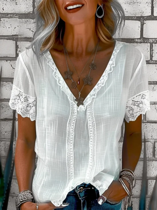 Women's Short Sleeve Blouse Summer Plain Lace V Neck Daily Going Out Casual Top White