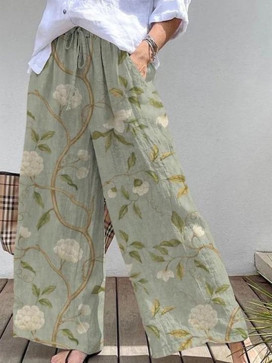 Women's  Elastic Waist H-Line Wide Leg Pants Daily Pant Green Casual Drawstring Floral Spring/Fall Pant