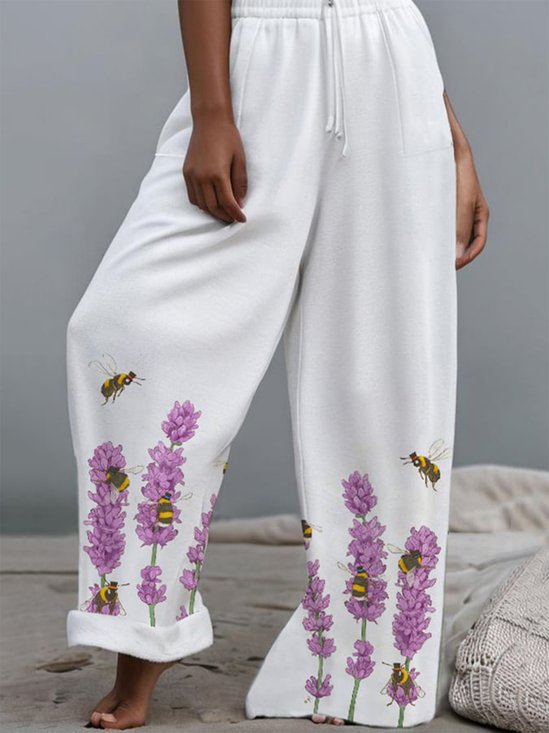 Women's  Elastic Waist H-Line Wide Leg Pants White Casual Pocket Stitching Floral Spring/Fall Pant