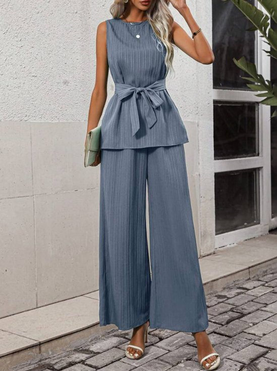 Women's Knot Front Plain Daily Two-Piece Set Blue Casual Summer Top With Pant