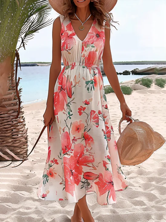 Women's Short Sleeve Summer Floral Mesh V neck Vacation Floral Midi Dress