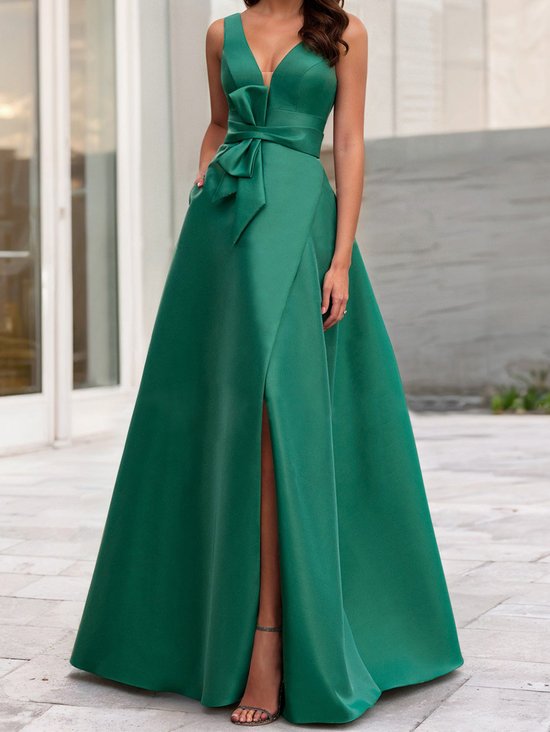Women's Summer V Neck Emerald Green Long Wedding Guest Formal Slit Dress With Bow