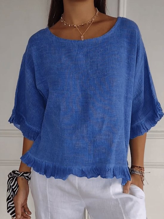 Women's Half Sleeve Shirt Summer Blue Plain Ruffle Cotton Crew Neck Dolman Sleeve Daily Simple Top