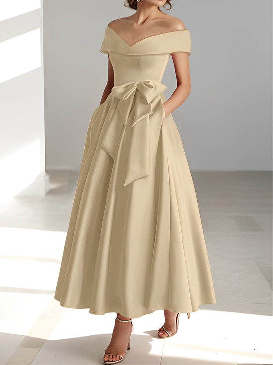 Women's Off The Shoulder Apricot Long Wedding Guest Formal Dress With Bow