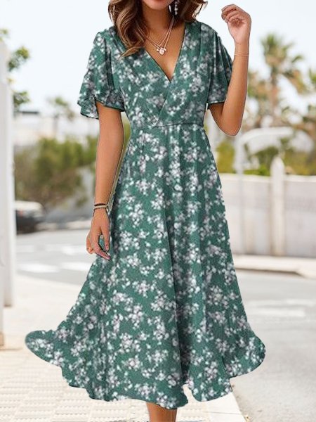 Women's Short Sleeve Summer Green Sundress Small Floral V Neck Daily Vacation Midi Dress