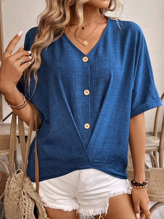 Women's Short Sleeve Blue Summer Blouse Button Decoration V Neck Top