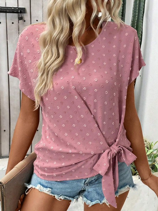 Women's Short Sleeve Blouse Summer Pink Plain Knot Front Crew Neck Daily Going Out Top
