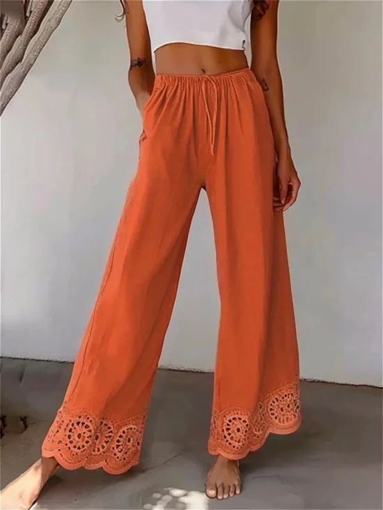 Women's  Elastic Waist Baggy Cotton Pants  Drawstring Orange Embroidered Loose Pants With Pockets