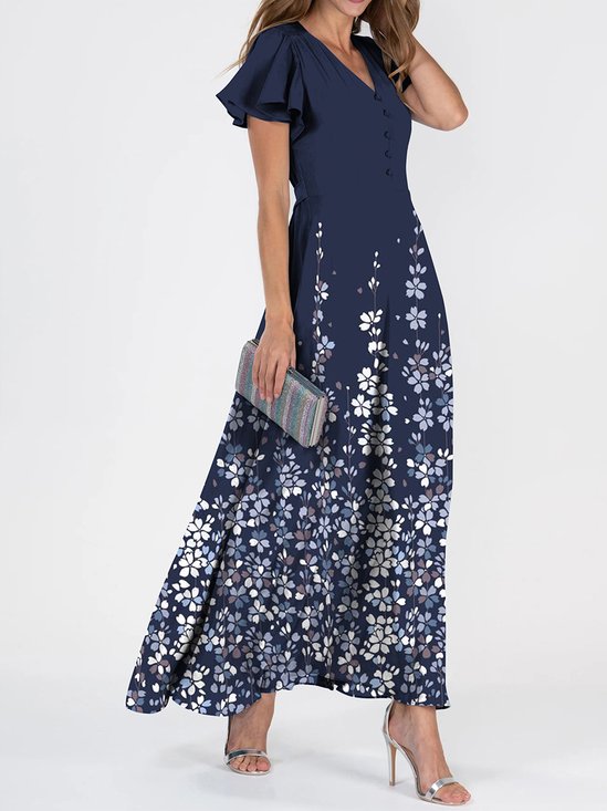 Women's Short Sleeve Summer Floral Dress V Neck Ruffle Sleeve  Elegant Blue Maxi Dress