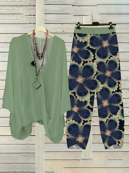 Women's Floral Daily Two-Piece Set Green Spring/Fall Top With Pant