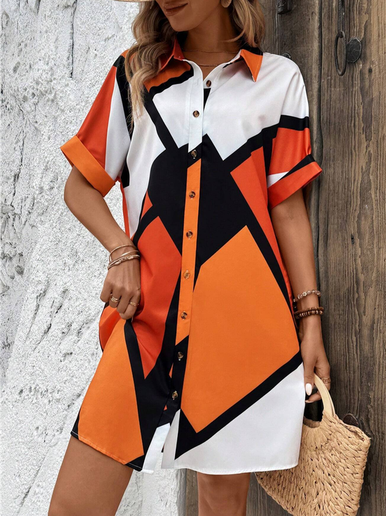 Women's Short Sleeve Summer Geometric Shirt Dress Orange Knee Length Dress