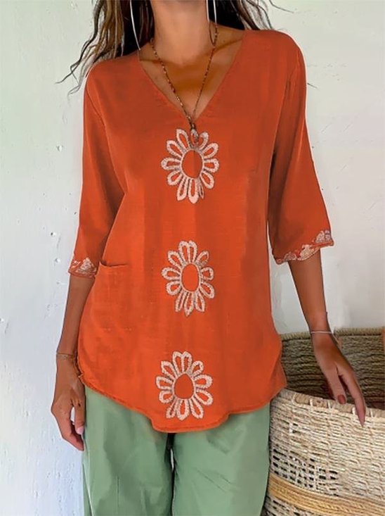 Women's Half Sleeve Cotton Tunic Blouse Summer Embroidered Cotton Orange V Neck Top