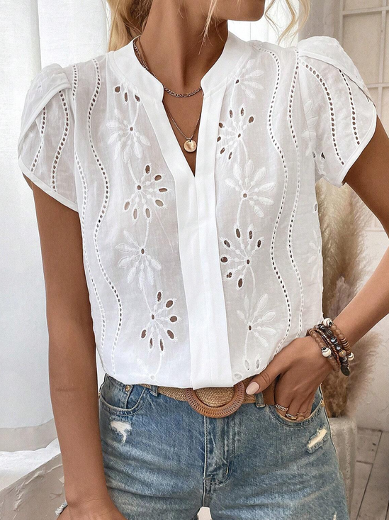 Women's Short Sleeve Cotton Blouse Summer Embroidered Cotton V Neck Top