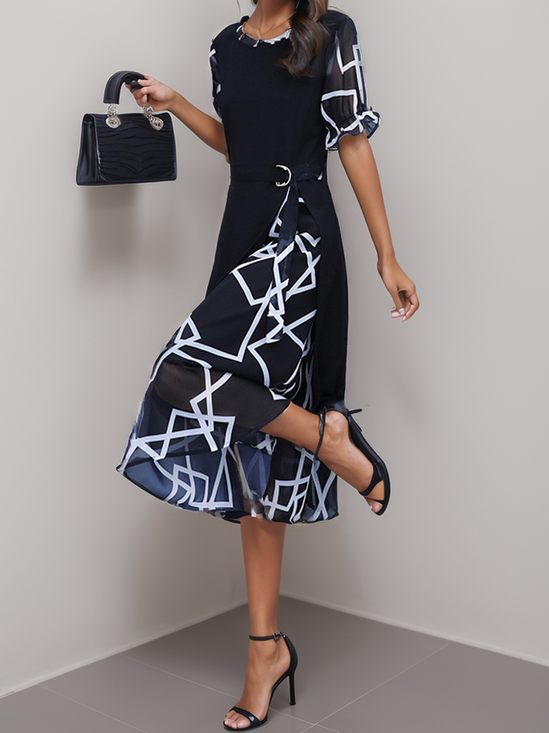 Women's Short Sleeve Summer Geometric Dress Layered Look Crew Neck Elegant Blue Maxi Dress