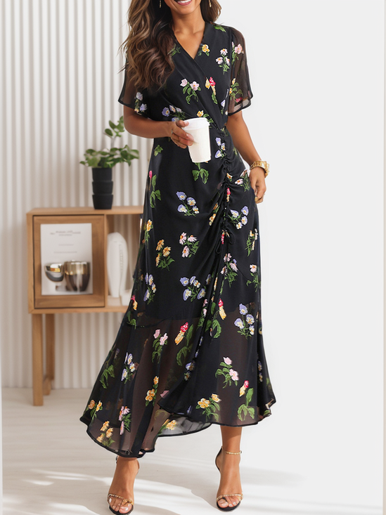 Women's Short Sleeve Summer Floral Dress Chiffon V Neck Elegant Flowy Maxi Dress