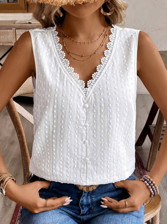 Women's Sleeveless Tank Top Summer White Plain Lace V Neck Daily Going Out Top