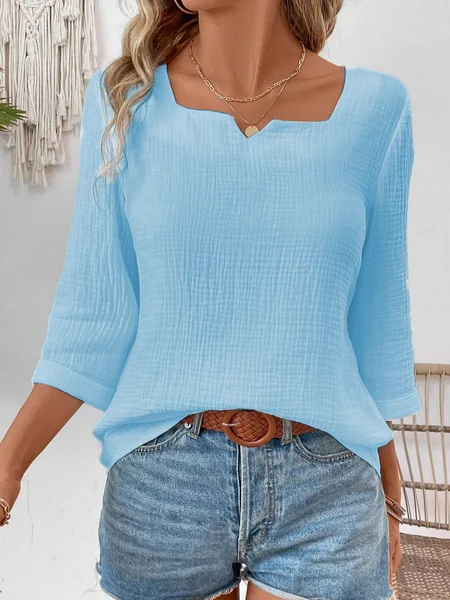 Women's Square Neck 3/4 Sleeve Plain Cotton Spring Summer Blouse