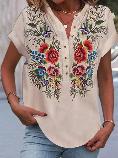 Women's Short Sleeve Blouse Summer Light Khaki Floral Embroidery Cotton Crew Neck Daily Casual Top
