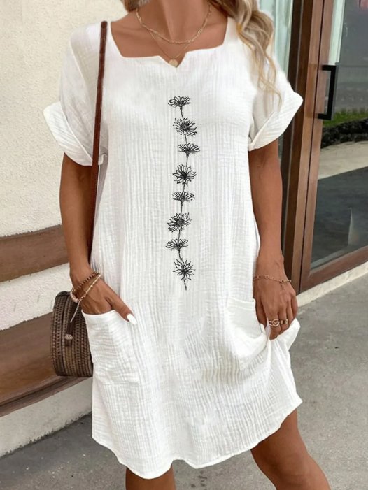 Women's Short Sleeve Cotton Summer White Floral Notched Daily Casual Knee Length Dress