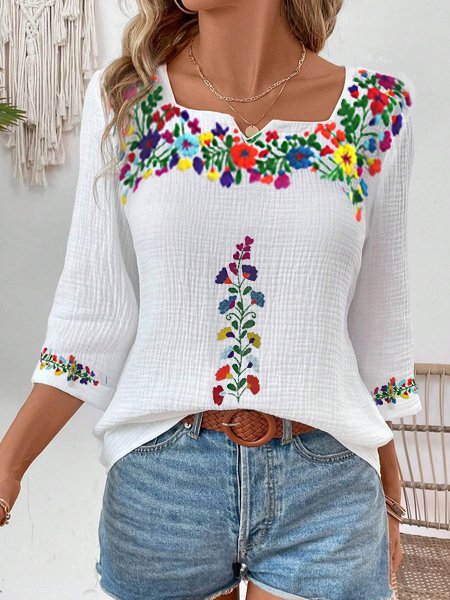 Women's 3/4 Sleeve Blouse Shirt Spring/Fall White Floral Embroidery Cotton Notched Daily Casual Top