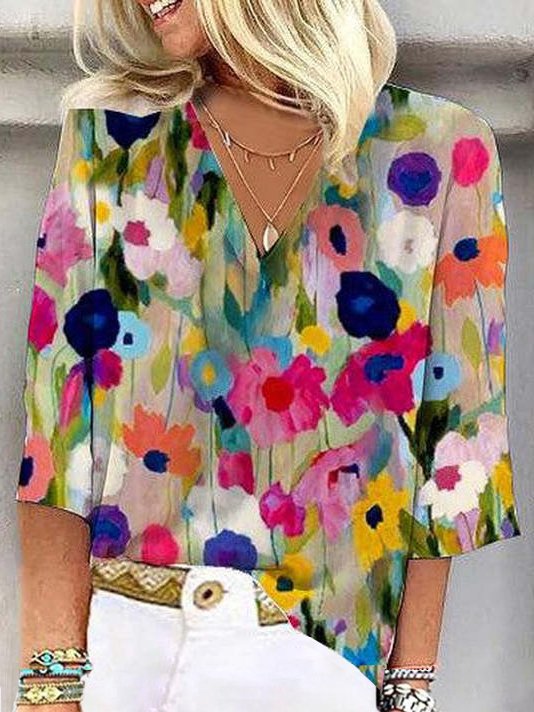 Women's 3/4 Sleeve Blouse Summer Abstract Floral Colorful V Neck Daily Going Out Casual Top