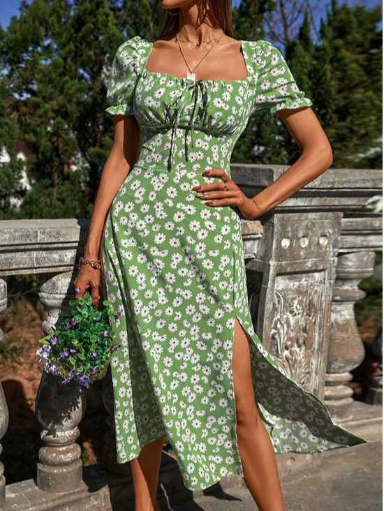 Women's Short Sleeve Summer Green Floral Square Neck Puff Sleeve Daily Milkmaid  Midi Dress