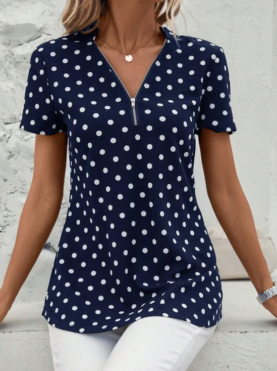 Women's Short Sleeve Blouse Summer Dark Blue Polka Dots Zipper V Neck Going Out Top