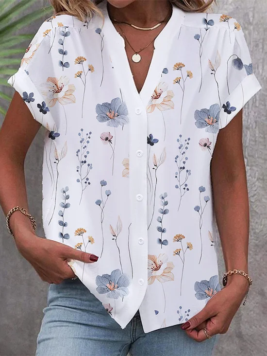 Casual V Neck Buckle Floral Shirt