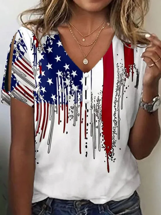 Women's Short Sleeve Tee/T-shirt Summer America Flag V Neck Daily Going Out Casual Top White