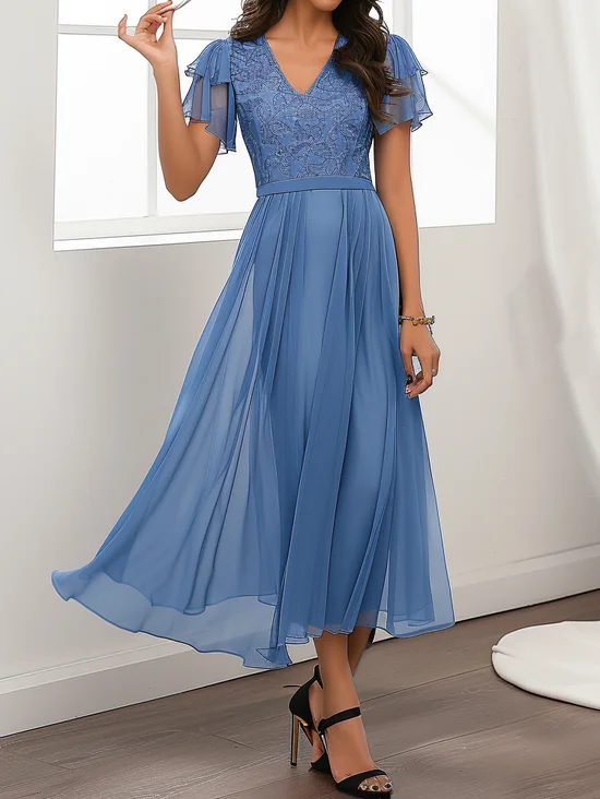 Women's Short Sleeve Summer Blue Plain Split Joint V Neck Party Going Out Elegant Maxi X-Line Formal Dress Dress